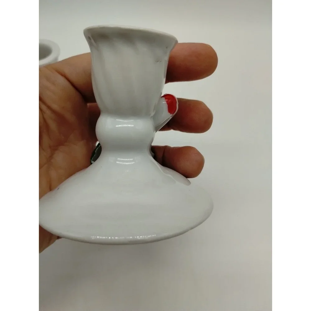 Set Of 2 Christmas Candlesticks Candy Cane Mistletoe White 2.5
